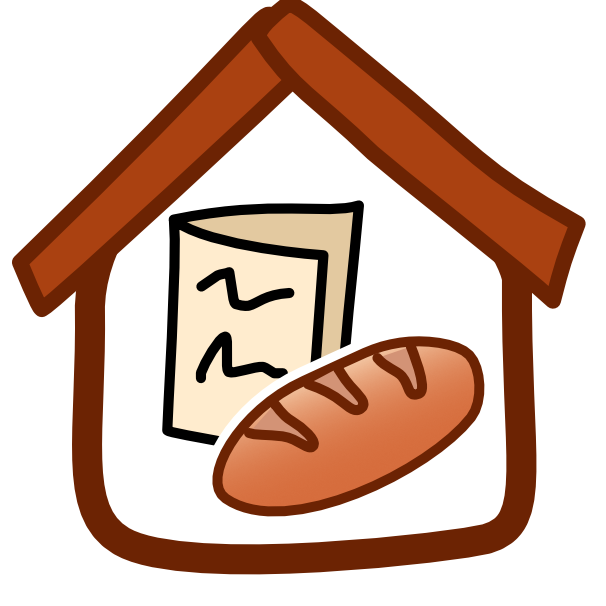There is a loaf of bread sitting in front of a menu inside a brown house-shaped frame with a thick roof. The menu is represented by a folded paper standing upright with two squiggly lines representing text on the front. The image has dark line art. 